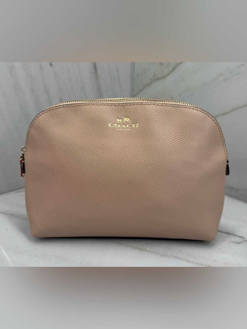 Coach Tan/Blush Crossgrain Leather Cosmetic Pouch with Gold Logo
